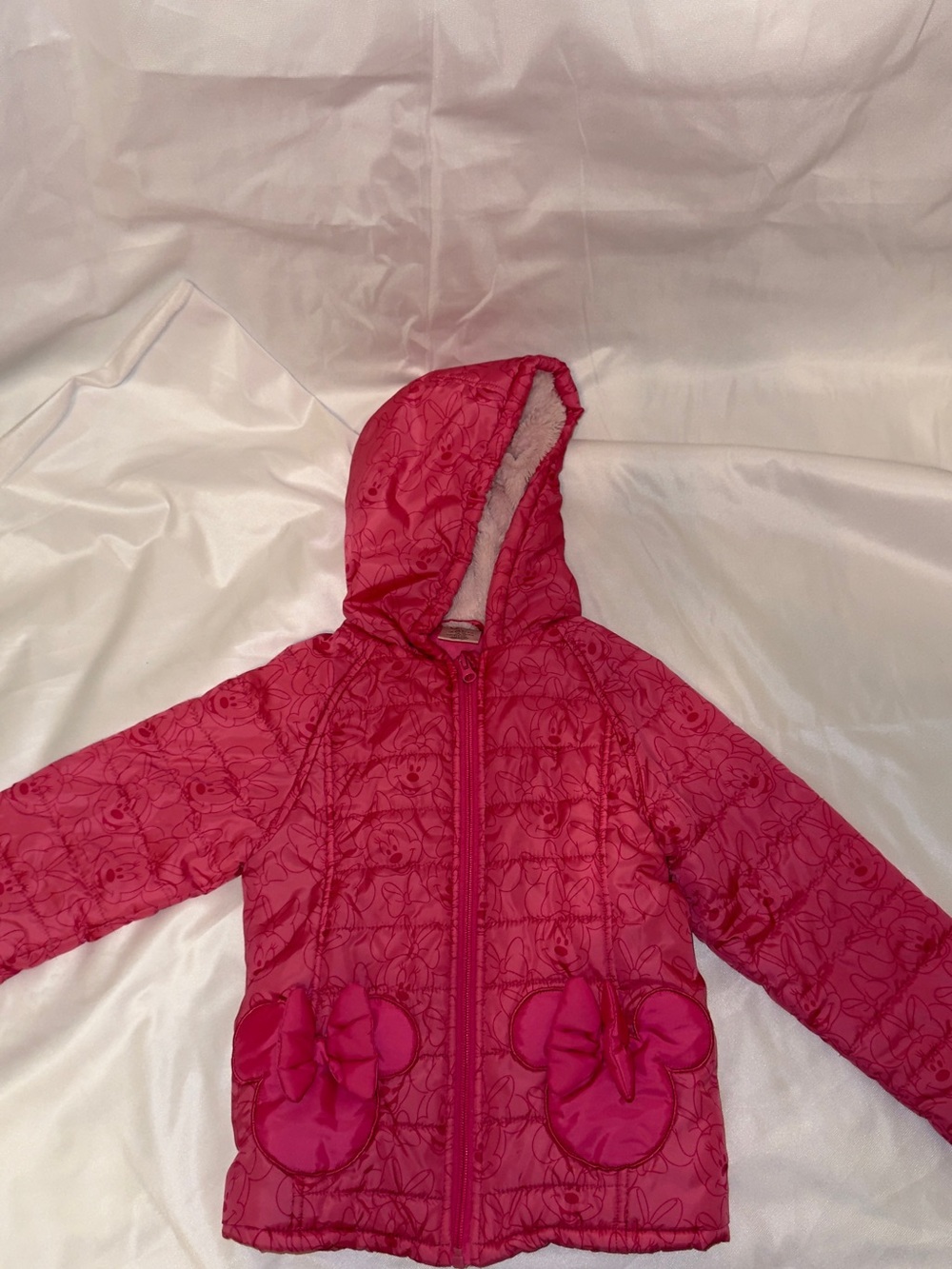 Disney Girls' Hooded Hot Pink Puffer Jacket with Bow Pockets